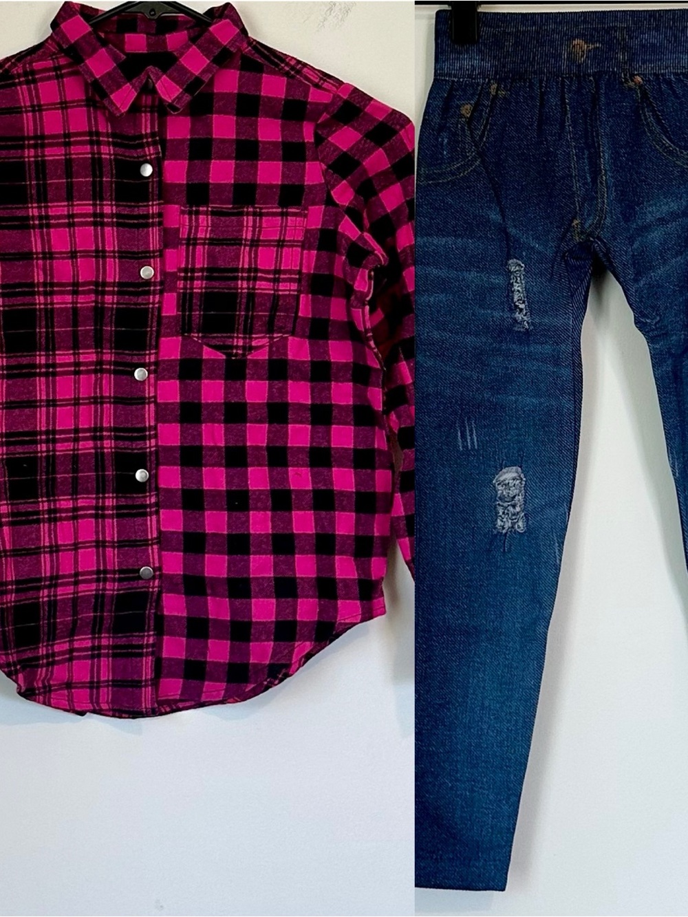 Weissman Hot Pink/Black Plaid Shirt and Faux Jeans Bottoms Dance Outfit - SC/IC